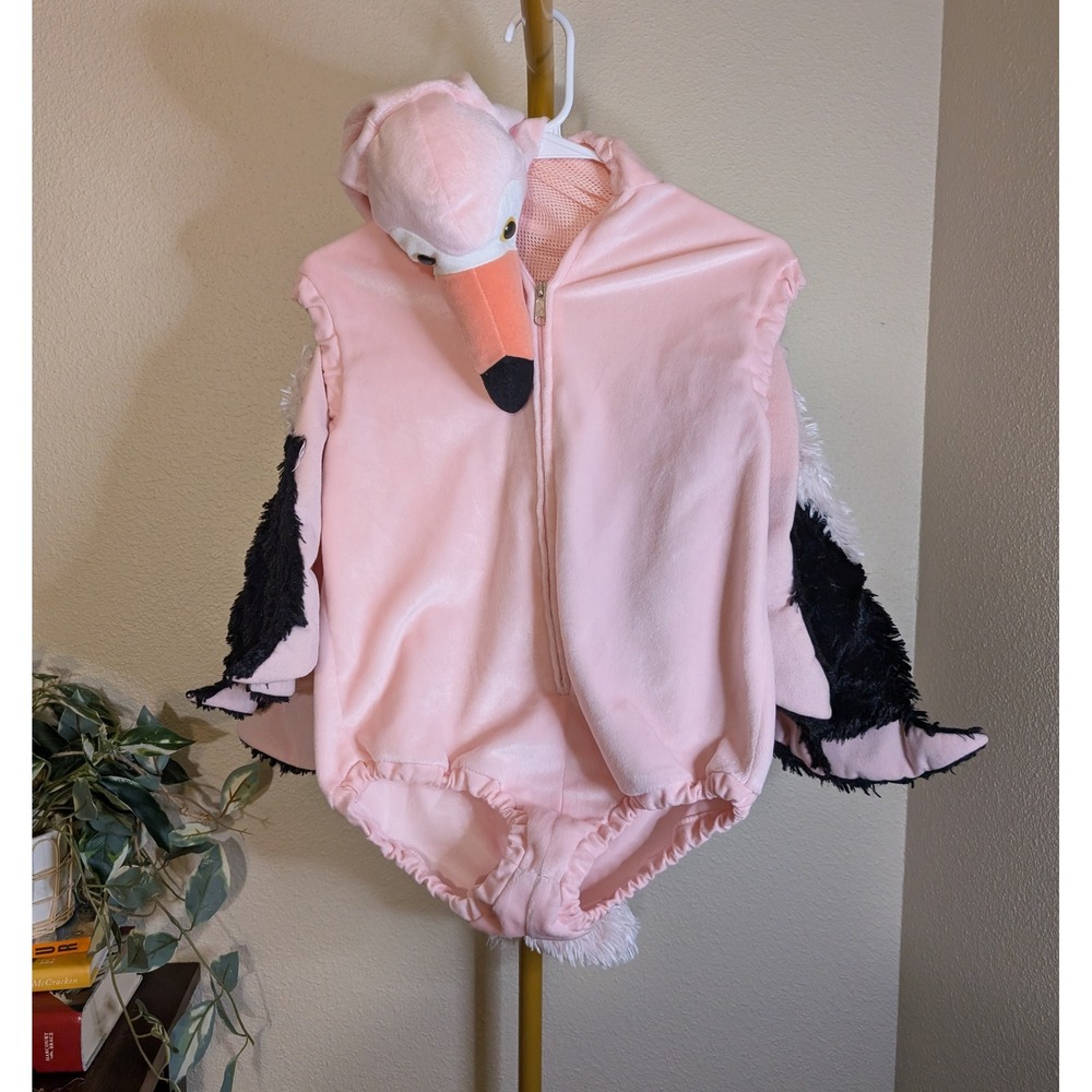 Pink Flamingo Plush Bodysuit Costume Faux Fur Wings Size 6-7 Fits XS/S